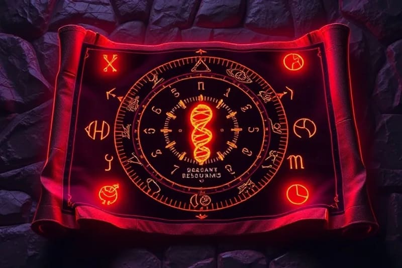 An ancient, stylized scroll unrolling to reveal a glowing, complex holographic projection of a human genetic sequence, with abstract symbols of karmic patterns.