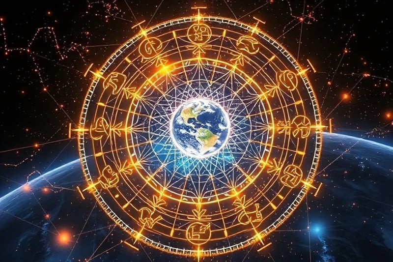Render 3D abstracto de campos cuánticos interactuando con la atmósfera terrestre