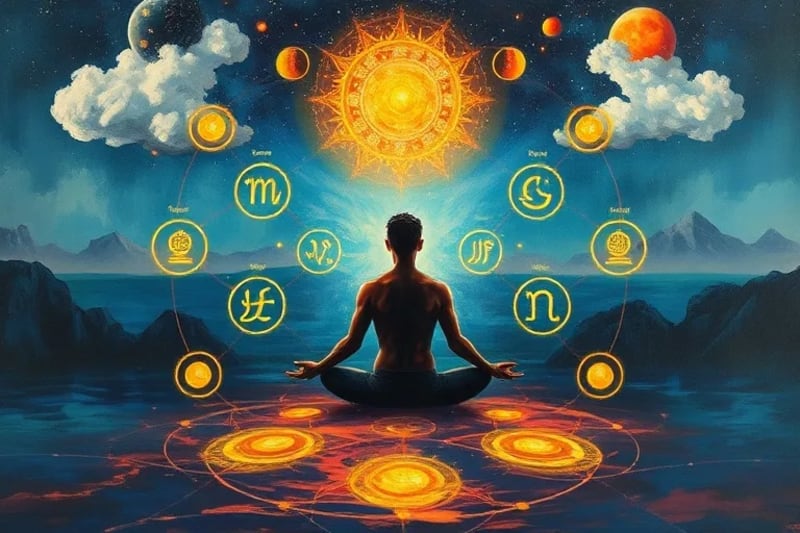 Ethereal digital painting of interconnected symbols representing Hermetic Principles around a silhouette