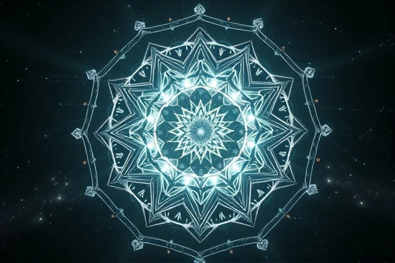Abstract 3D render of interlocking gears and crystalline structures with flowing light
