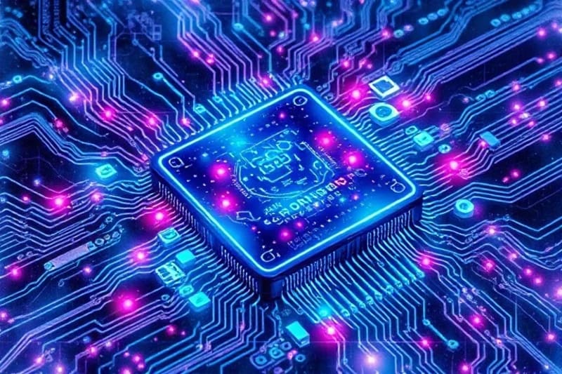 Procesador de computación cuántica futurista con qubits brillantes y patrones de energía etéreos