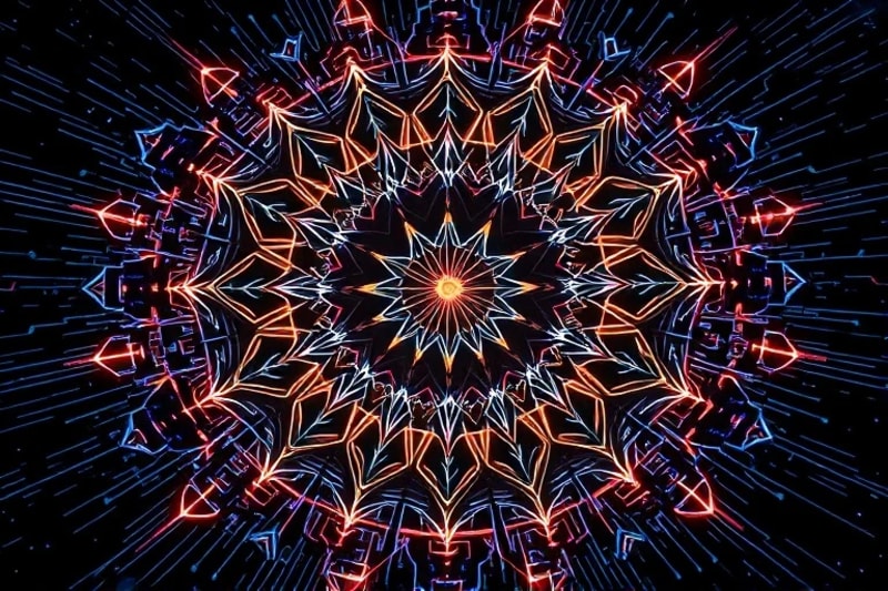Abstract digital art of an evolving mandala made from circuit board patterns and glowing data streams.