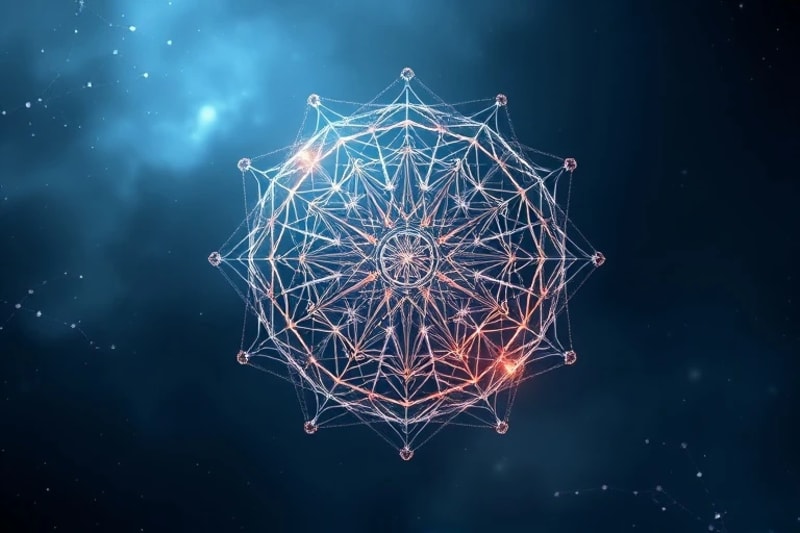 Surreal translucent brain-like structure of interconnected nodes and data threads in a digital void with esoteric glyphs.