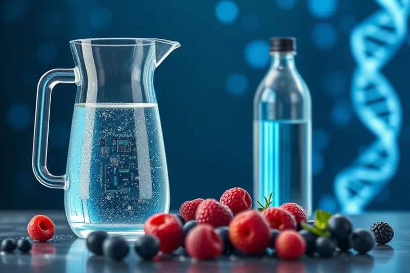 Bodegón conceptual con un filtro de agua moderno, una botella de vidrio, bayas antioxidantes y una hélice de ADN estilizada en el fondo.