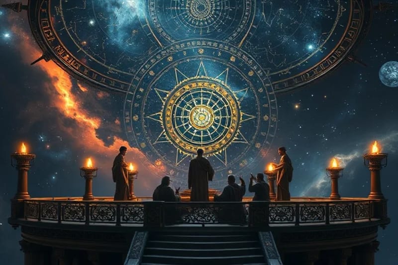 Ancient astronomers observing the night sky with primitive tools