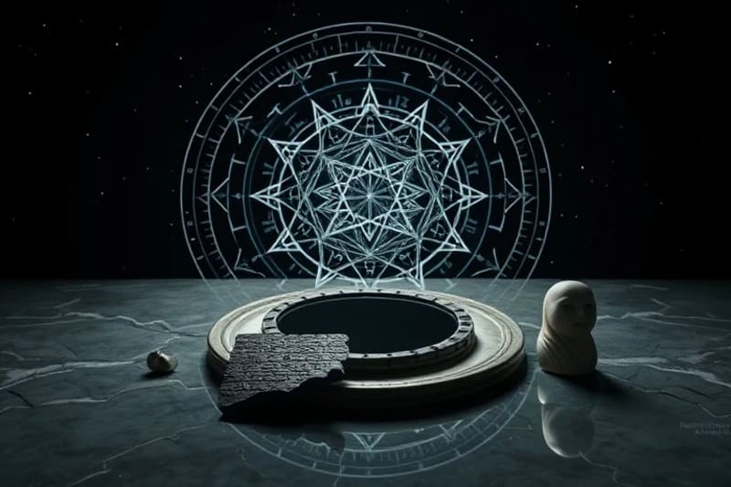 Abstract rendering of cosmic alignments over ancient ruins