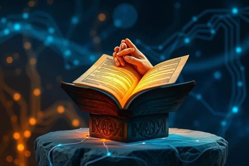 Manos en oración entrelazadas con fibras ópticas y circuitos digitales