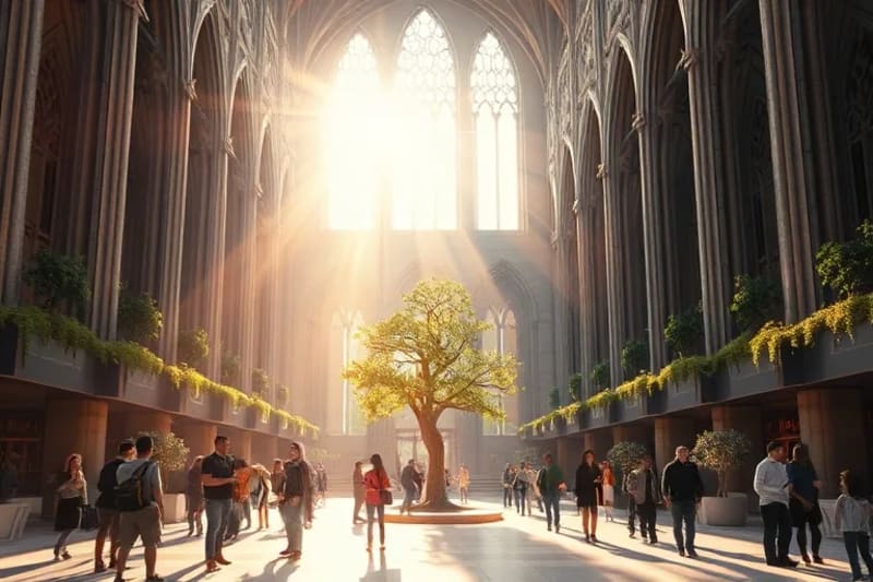 Ciudad futurista con personas interactuando y tecnología integrada armoniosamente