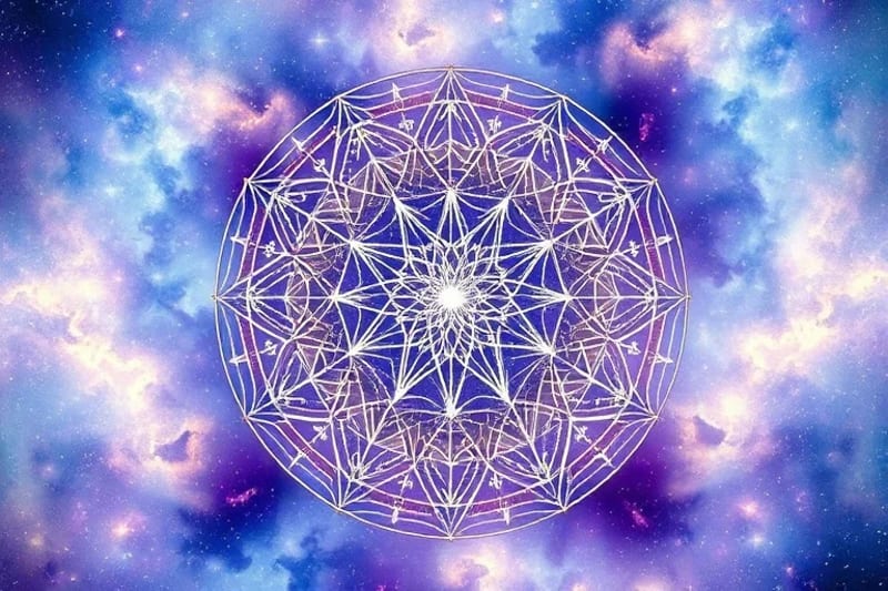 Pintura abstracta que simboliza la interconexión de la conciencia y los patrones numéricos, con elementos de geometría sagrada.