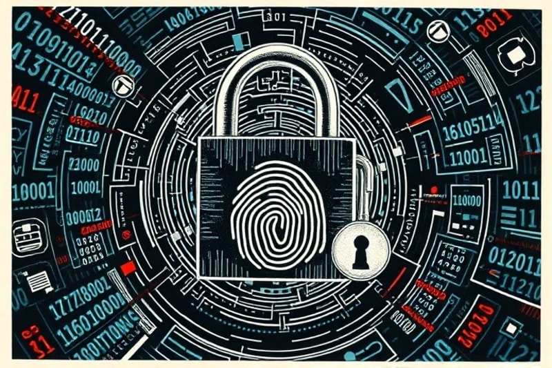 Ilustración vectorial de un mecanismo de bloqueo y llave digital, con la cerradura hecha de bloques blockchain y la llave de una huella dactilar biométrica, rodeados de patrones de código binario corruptos.