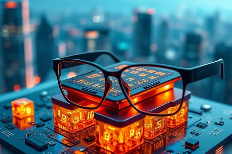 Representación 3D de una tableta con un libro de contabilidad digital mostrando hashes criptográficos, sobre un pedestal de cubos blockchain. Gafas de realidad aumentada proyectan una imagen distorsionada de noticias financieras.