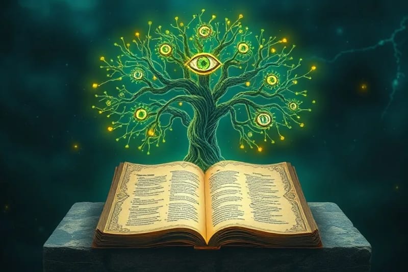 Ilustración digital de una red neuronal que se asemeja a un árbol de la vida, con símbolos antiguos y textos bíblicos entrelazados, representando la sabiduría y el conocimiento.