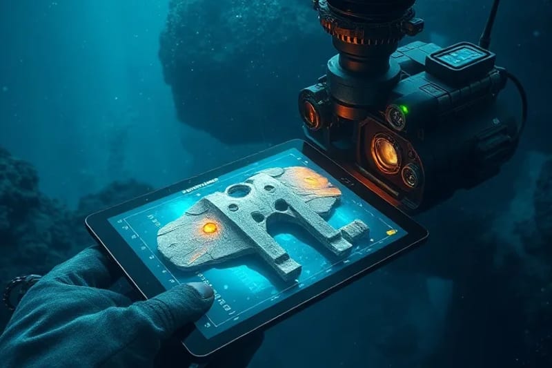 Digital painting of underwater archaeology tools with AR data overlays