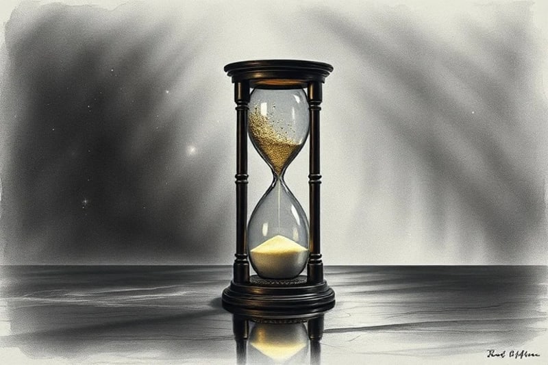 Render conceptual de un reloj de arena antiguo, con arena digital de código binario fluyendo, simbolizando el paso del tiempo en la era tecnológica y profética.