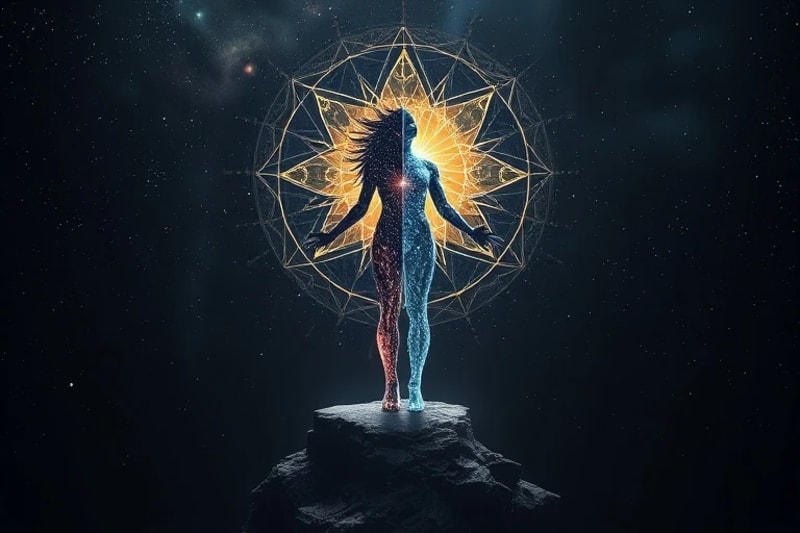 Crystalline figure absorbing dark energy, transforming into light, symbolizing shadow integration and personal power