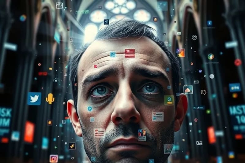 Rostro de persona abrumada por notificaciones digitales y titulares caóticos