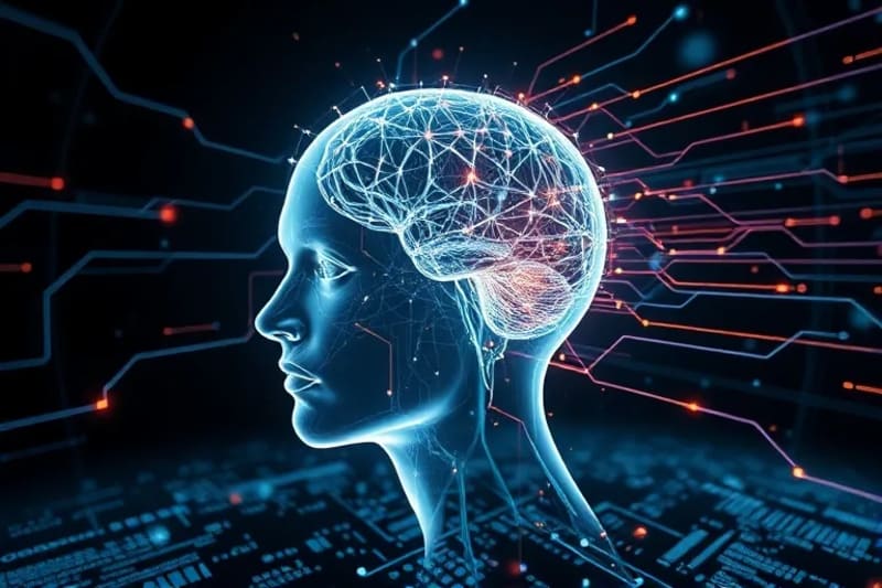 Un cerebro humano estilizado, parcialmente transparente, protegido por un escudo de datos y símbolos criptográficos que desvía ondas de energía cuántica caóticas.