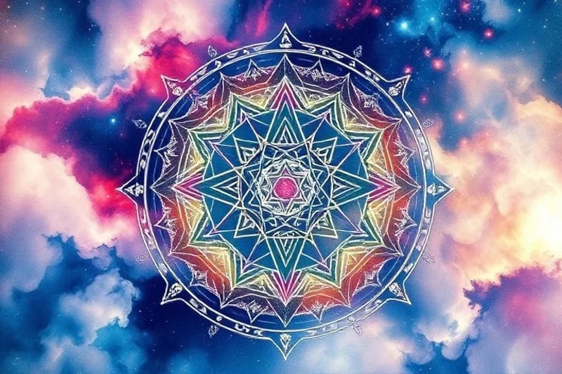 Diagrama conceptual del Bagua con elementos y colores, superpuesto en una red digital abstracta.