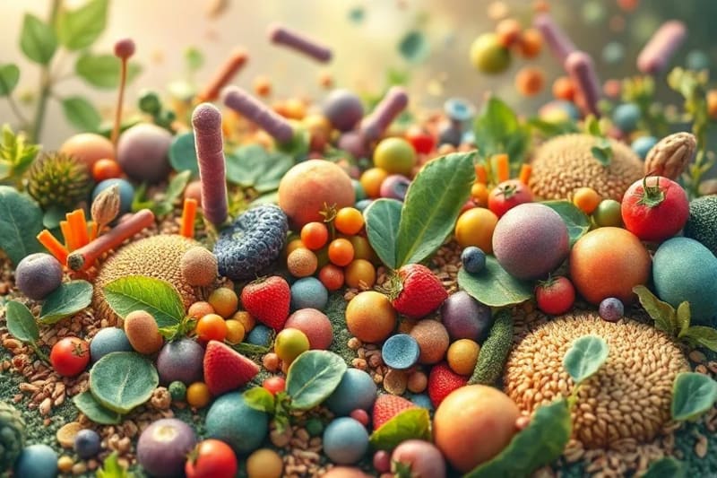 Ilustración de bacterias intestinales beneficiosas en un entorno de alimentos saludables.