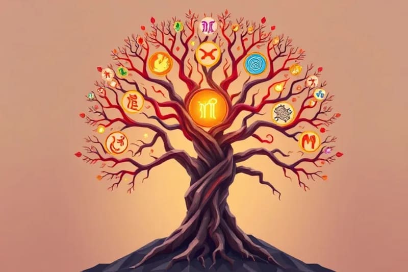 Árbol estilizado con raíces profundas y ramas cósmicas, cada segmento con símbolos que representan generaciones y lecciones kármicas heredadas, con una luz sanadora.