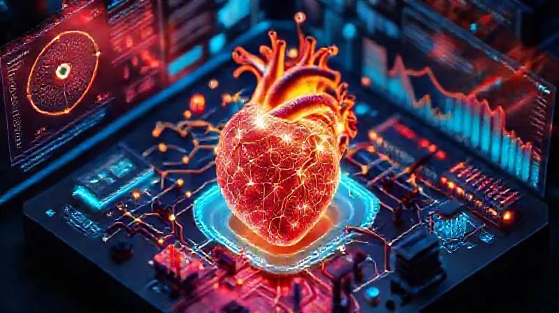 Conceptual art of a human heart as a data network, surrounded by biological diagrams and predictive graphs, symbolizing AI's role in personalized health monitoring.