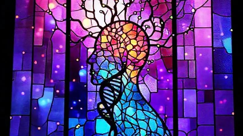 Abstract illustration of interconnected neural networks and genetic helix structures forming a human silhouette, representing AI's integration with human biology for enhanced well-being.