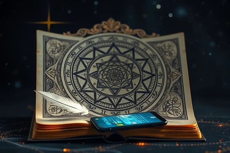 Conceptual still-life of an antique divination book with digital lines connecting to a modern smartphone, symbolizing the blend of old and new