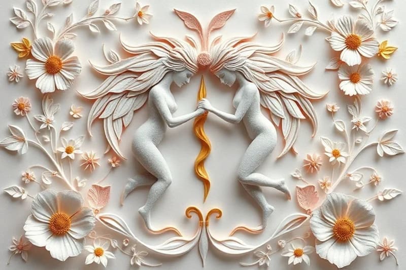 Símbolos astrológicos de Venus y Marte interconectados con flores y agua, representando la armonía emocional y los valores en una relación