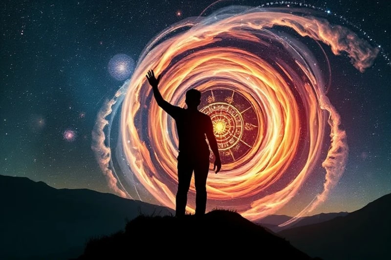 Human silhouette interacting with luminous data streams and cosmic vortex
