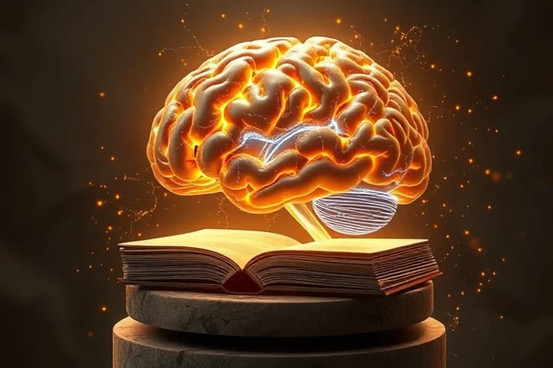 Diagrama tridimensional de un cerebro humano con áreas de actividad neuronal resaltadas en colores vibrantes, simbolizando la conexión entre la fe y la función cerebral.