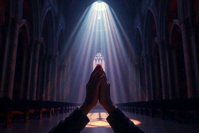 Manos en posición de oración, con un halo de luz etérea que simboliza la conexión espiritual y la manifestación física de la fe.