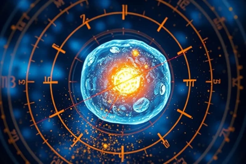 Close-up 3D render of a glowing human cell surrounded by concentric planetary energy rings, symbolizing regeneration.