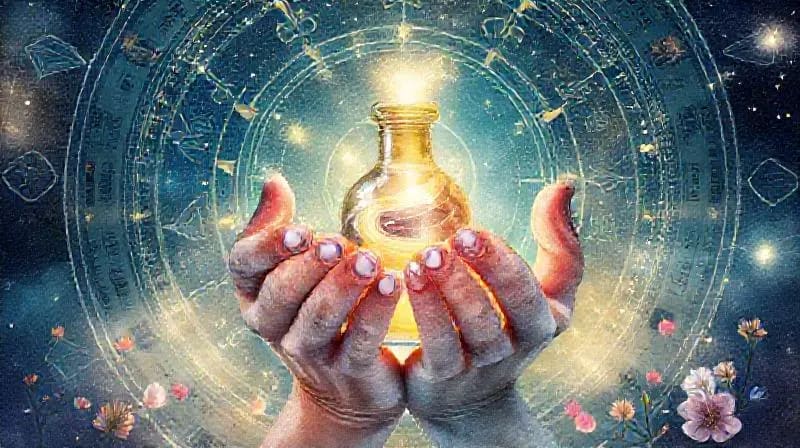 Ilustración de un elixir vibracional con infusión de energía y botánicos.
