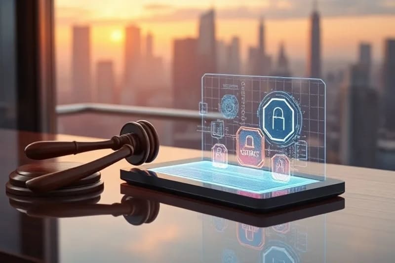 Tableta digital con contrato IA, mazo de madera y bloques de datos