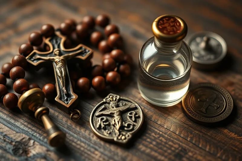 Detalle de rosario, crucifijo y agua bendita iluminados