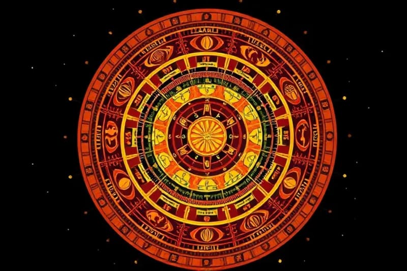 Stylized Tzolkin calendar wheel with digital overlays and data points