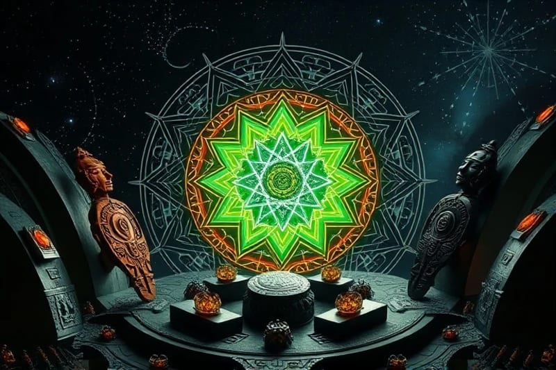 Abstract 3D render of a glowing AI core surrounded by ancient Mesoamerican artifacts being decoded