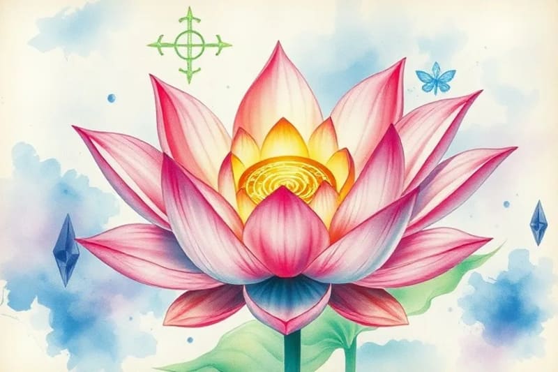 Delicada pintura de acuarela de una flor de loto con la espiral de Fibonacci y la Semilla de la Vida en su centro, rodeada de luz y agua.