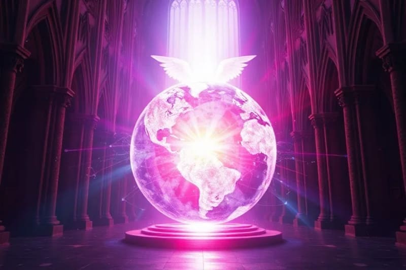 Representación abstracta de la interconexión global con líneas luminosas y sutiles formas angélicas.