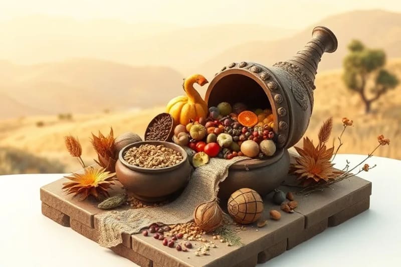 A still-life of a bountiful cornucopia and ancient pottery, symbolizing nurturing and life cycles