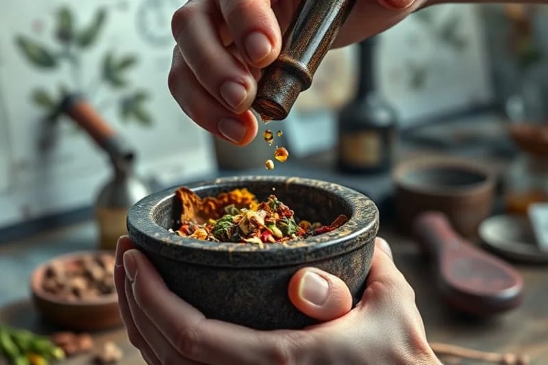 Close-up of a scientist's hands carefully processing plant material in a laboratory setting, symbolizing the bridge between traditional knowledge and scientific innovation.