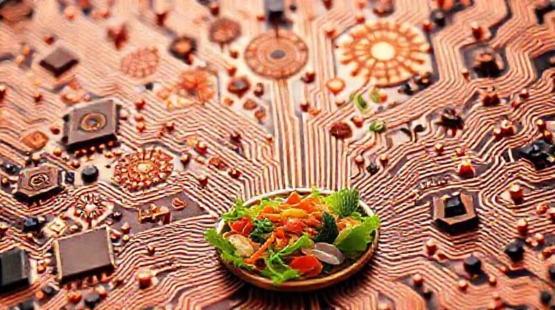 Conceptual digital painting showing a harmonious blend of traditional symbols and scientific diagrams converging into a healthy food plate, symbolizing future nutrition.