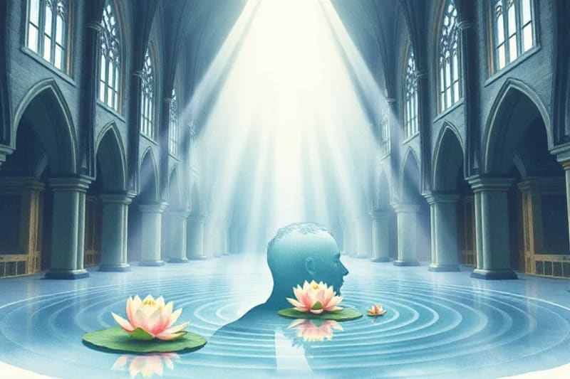 Ilustración acuarela de un perfil de cabeza humana con agua y flores de loto, simbolizando paz mental