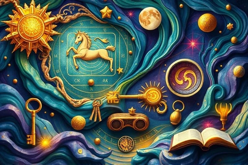 Pintura digital de un paisaje mental complejo con capas de colores, llaves antiguas, libros abiertos y un laberinto, simbolizando los misterios y el conocimiento oculto del subconsciente.