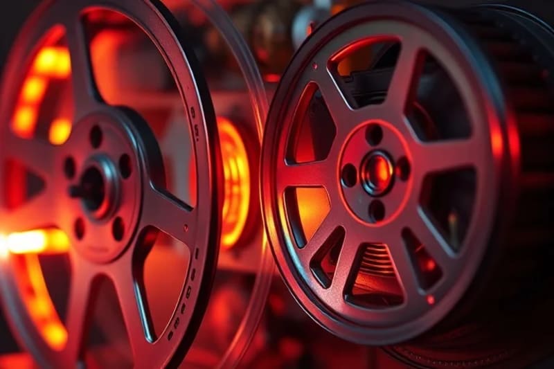 Montaje conceptual de carretes de película antiguos, diagramas técnicos y componentes electrónicos