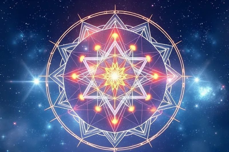 Composición abstracta con líneas de luz, formas geométricas y elementos translúcidos en tonos plateados, dorados e índigo, representando la comunicación y la comprensión de mensajes astrales.