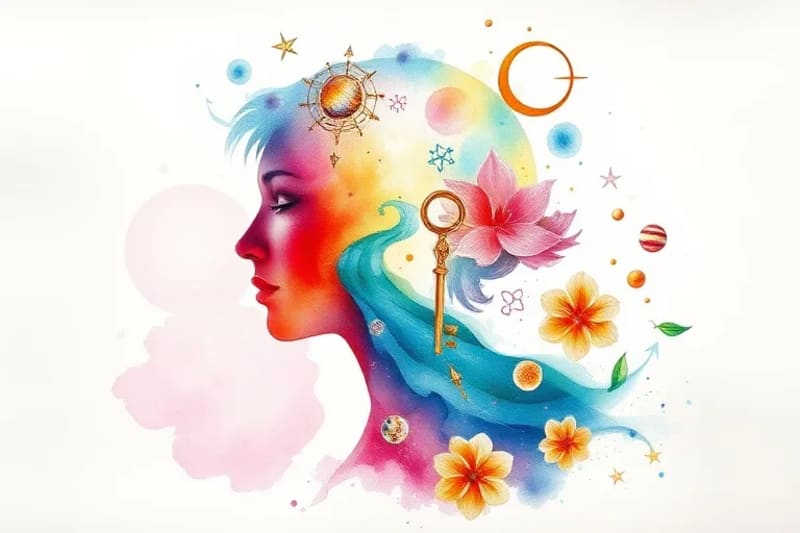 Watercolor painting of a human silhouette with a river of symbolic images flowing within their head, representing the rich and fluid nature of subconscious thought and dream content.