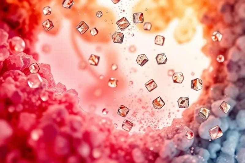 Stylized depiction of microplastic particles flowing through the human digestive system