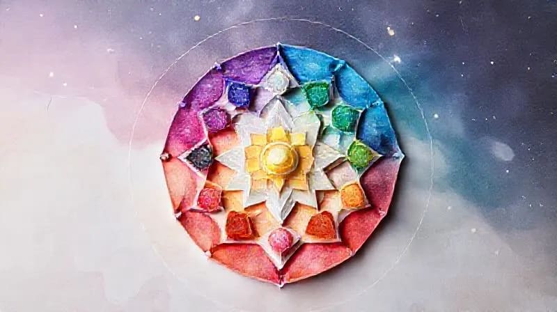 Ilustración acuarela de los siete chakras principales alineados, con colores vibrantes y energía fluyendo.