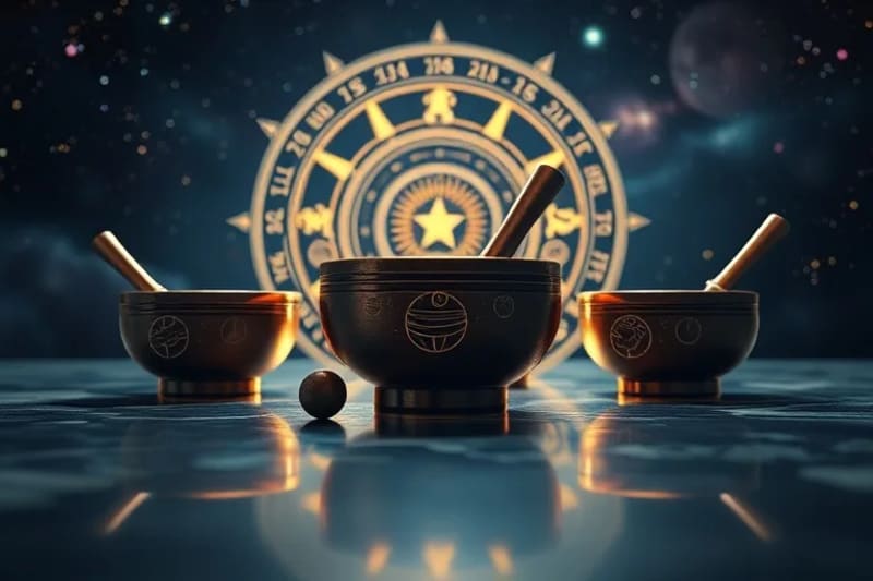 Bodegón conceptual de cuencos tibetanos y diapasones planetarios, cada uno con un símbolo astrológico grabado.